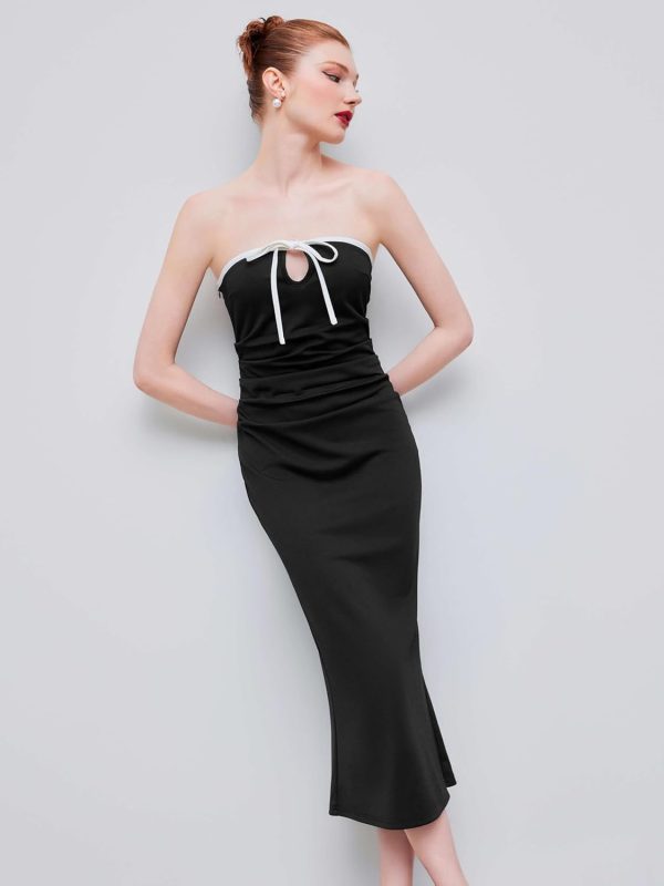 CIDER Strapless Tude Bodycon Midi Dress Ruched Tie Knotted Cocktail Party Summer Dresses - Image 2