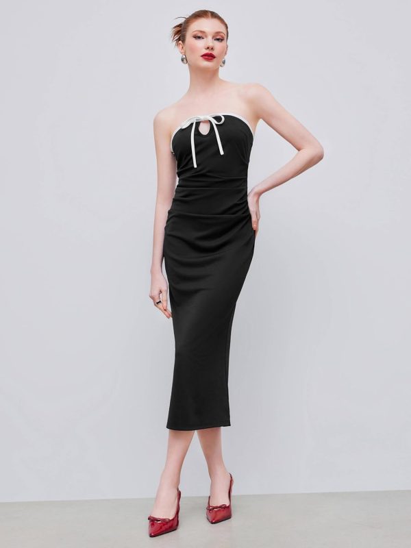 CIDER Strapless Tude Bodycon Midi Dress Ruched Tie Knotted Cocktail Party Summer Dresses - Image 3