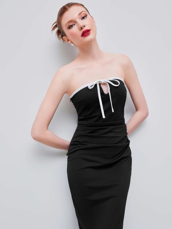 CIDER Strapless Tude Bodycon Midi Dress Ruched Tie Knotted Cocktail Party Summer Dresses - Image 5
