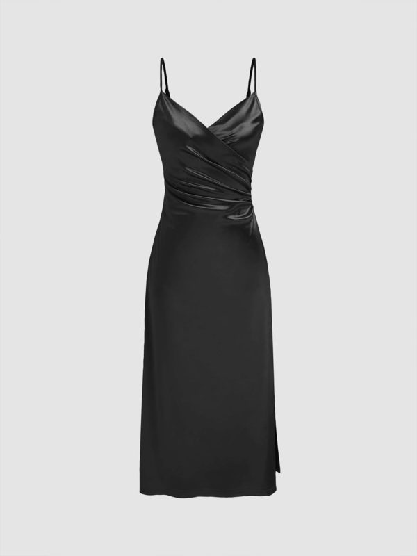 CIDER Womens Satin Dress Sleeveless Spaghetti Strap V Neck Ruched Side Slit Semi Formal Party Club Dresses - Image 2