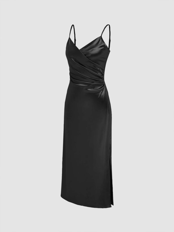 CIDER Womens Satin Dress Sleeveless Spaghetti Strap V Neck Ruched Side Slit Semi Formal Party Club Dresses - Image 3