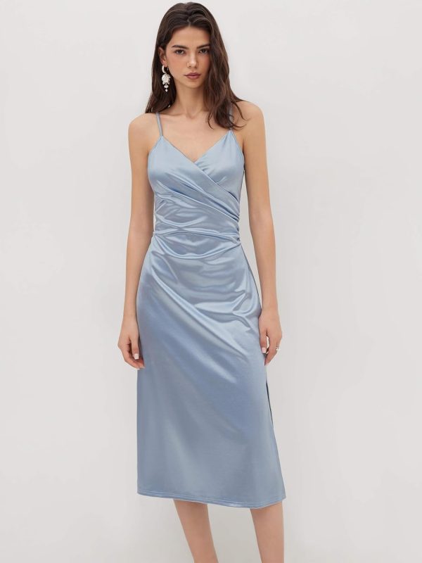 CIDER Womens Satin Dress Sleeveless Spaghetti Strap V Neck Ruched Side Slit Semi Formal Party Club Dresses - Image 10