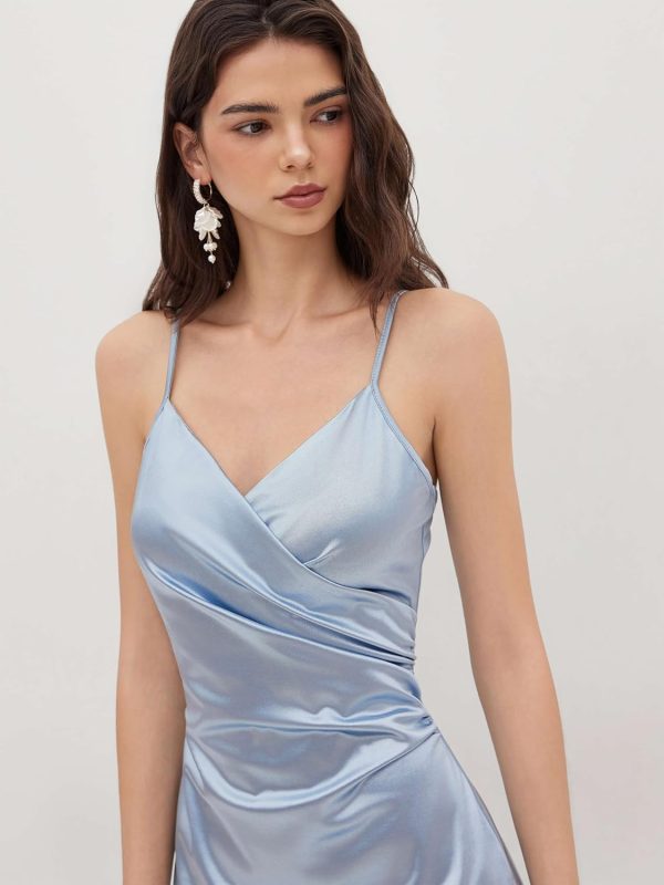 CIDER Womens Satin Dress Sleeveless Spaghetti Strap V Neck Ruched Side Slit Semi Formal Party Club Dresses - Image 11