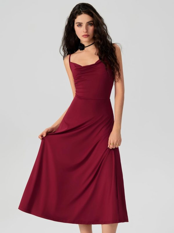 CIDER Summer Women's Spaghetti Strap Cowl Neck Cocktail Dress Ruched Sleeveless Formal Midi Dress Party Club Dress - Image 3