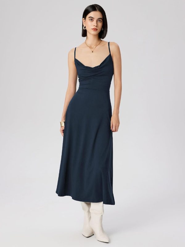CIDER Summer Women's Spaghetti Strap Cowl Neck Cocktail Dress Ruched Sleeveless Formal Midi Dress Party Club Dress - Image 12