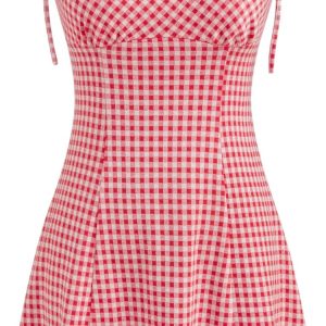 CIDER Womens Summer Gingham Dress Plaid Tie Spaghetti Strap Sleeveless Lace Trim Cute A Line Casual Mini Dresses Sundress