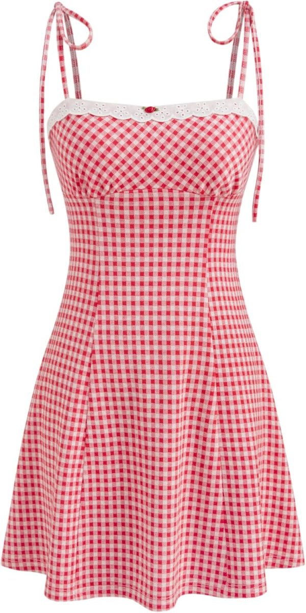 CIDER Womens Summer Gingham Dress Plaid Tie Spaghetti Strap Sleeveless Lace Trim Cute A Line Casual Mini Dresses Sundress