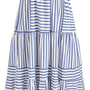 CIDER Womens Casual Dresses Strapless Tube Stripped Shirred A Line Blue Beach Vacation Midi Dress Maxi Skirts