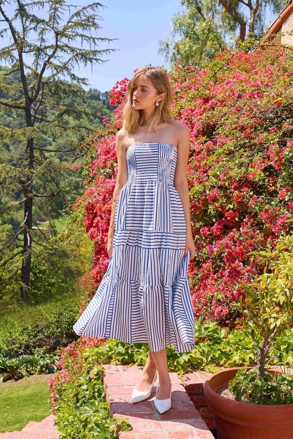 CIDER Womens Casual Dresses Strapless Tube Stripped Shirred A Line Blue Beach Vacation Midi Dress Maxi Skirts - Image 2