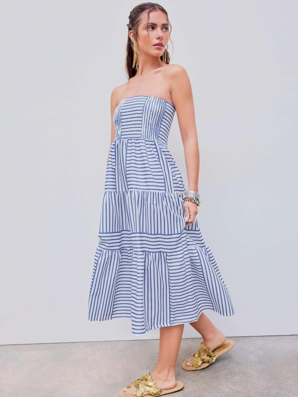 CIDER Womens Casual Dresses Strapless Tube Stripped Shirred A Line Blue Beach Vacation Midi Dress Maxi Skirts - Image 5