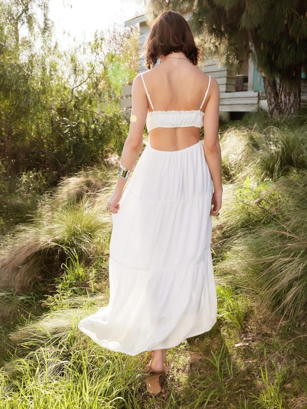 CIDER Maxi Dresses Women White Spaghetti Strap Backless Flowy Summer Boho Vacation Dress Beach Outfits - Image 3
