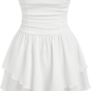 CIDER Women's Summer Cocktail Dress - Tube Ruched Ruffle Mini Dress
