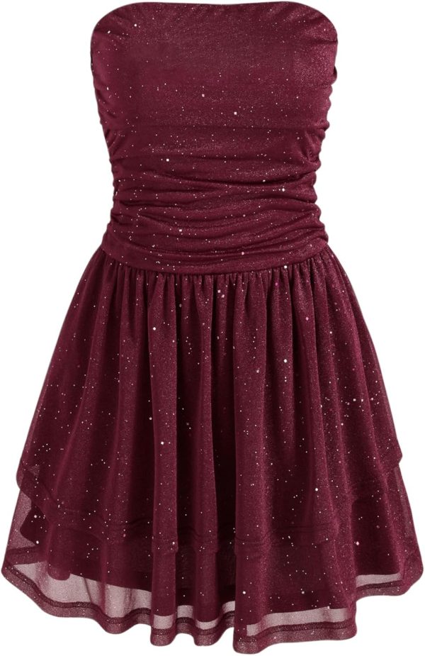 CIDER Women's Summer Cocktail Dress - Tube Ruched Ruffle Mini Dress - Image 58